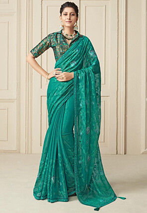 Embroidered Chiffon Shimmer Saree in Teal Green