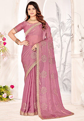Embroidered Chiffon Shimmer Scalloped Saree in Pink