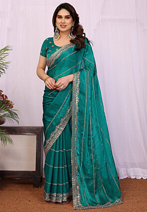 Embroidered Chiffon Shimmer Scalloped Saree in Teal Green
