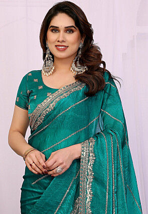 Embroidered Chiffon Shimmer Scalloped Saree in Teal Green