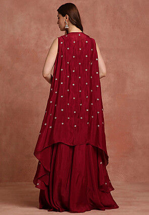 Embroidered Pure Chiffon Silk Crop Top Set in Maroon