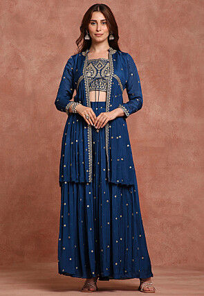 Embroidered Chiffon Silk Crop Top Set in Teal Blue