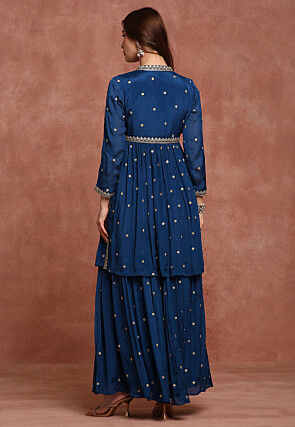 Embroidered Chiffon Silk Crop Top Set in Teal Blue