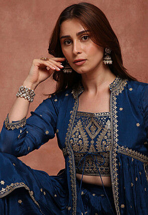 Embroidered Chiffon Silk Crop Top Set in Teal Blue