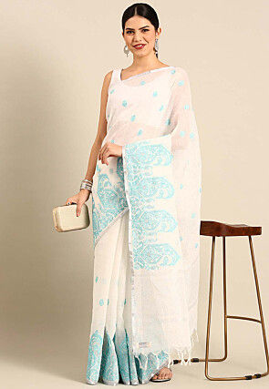 Embroidered Chiffon Silk Saree in White