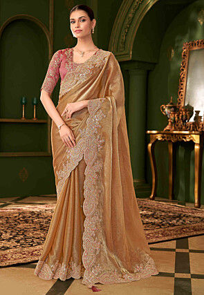 Embroidered Chiffon Silk Scalloped Saree in Beige