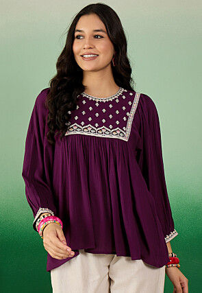 Embroidered Chiffon Top in Purple