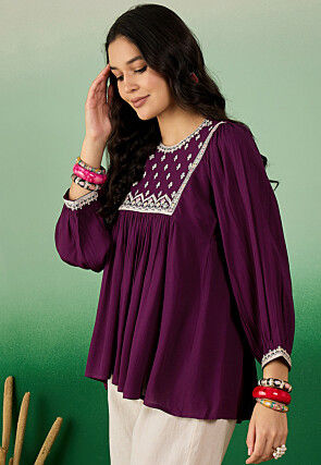 Embroidered Chiffon Top in Purple