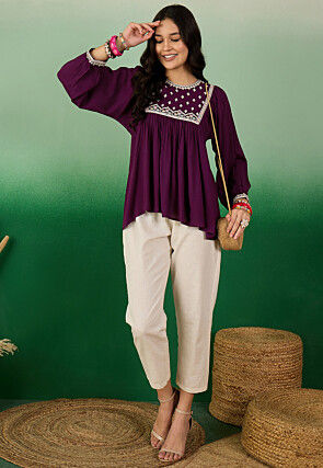 Embroidered Chiffon Top in Purple