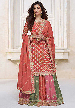 Embroidered Chinnon Chiffon Lehenga in Peach