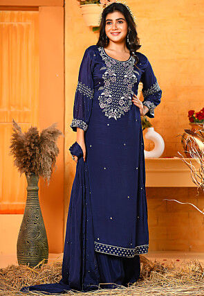 Embroidered Chinnon Chiffon Pakistani Suit in Dark Blue