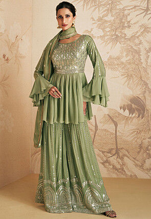 Embroidered Chinnon Chiffon Pakistani Suit in Olive Green