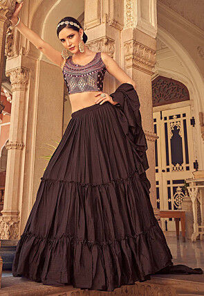 Embroidered Chinnon Chiffon Tiered Lehenga in Brown