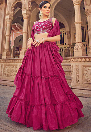 Embroidered Chinnon Chiffon Tiered Lehenga in Pink