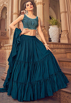 Embroidered Chinnon Chiffon Tiered Lehenga in Teal Blue
