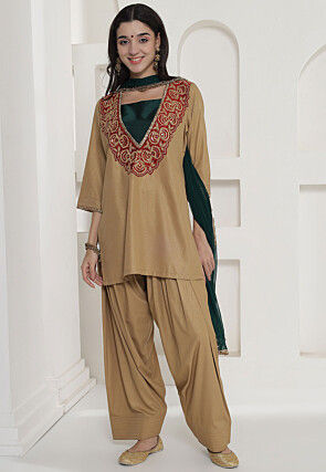 Embroidered Chinon Chiffon A Line Suit in Beige