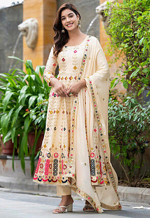 Embroidered Chinon Chiffon A Line Suit in Cream