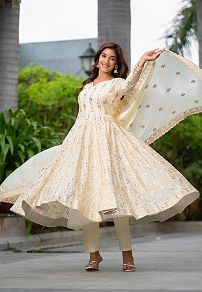 Embroidered Chinon Chiffon A Line Suit in Cream