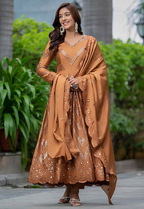 Embroidered Chinon Chiffon A Line Suit in Rust
