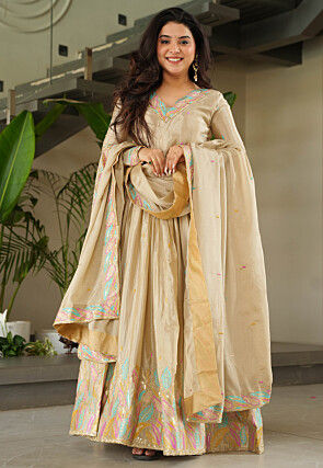 Embroidered Chinon Chiffon Abaya Style Suit in Beige