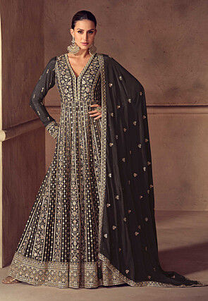 Embroidered Chinon Chiffon Abaya Style Suit in Black