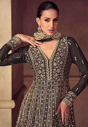 Embroidered Chinon Chiffon Abaya Style Suit in Black