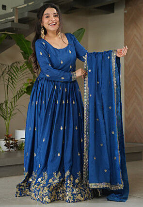 Embroidered Chinon Chiffon Abaya Style Suit in Blue