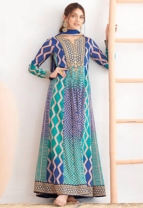 Embroidered Chinon Chiffon Abaya Style Suit in Blue