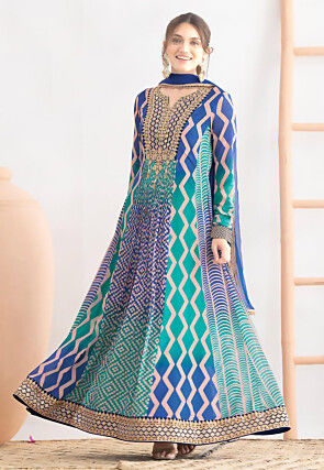 Embroidered Chinon Chiffon Abaya Style Suit in Blue