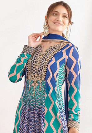 Embroidered Chinon Chiffon Abaya Style Suit in Blue