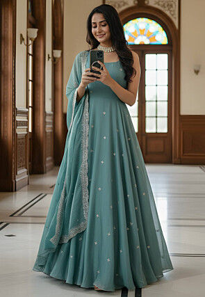 Embroidered Chinon Chiffon Abaya Style Suit in Blue