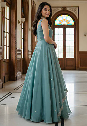 Embroidered Chinon Chiffon Abaya Style Suit in Blue