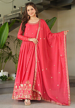 Embroidered Chinon Chiffon Abaya Style Suit in Coral Pink