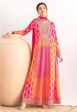 Embroidered Chinon Chiffon Abaya Style Suit in Pink and Orange