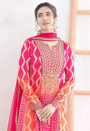 Embroidered Chinon Chiffon Abaya Style Suit in Pink and Orange