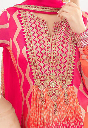 Embroidered Chinon Chiffon Abaya Style Suit in Pink and Orange