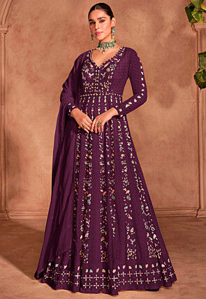 Embroidered Chinon Chiffon Abaya Style Suit in Purple