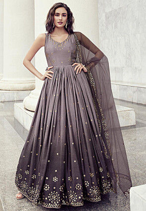 Embroidered Chinon Chiffon Abaya Style Suit in Shaded Grey