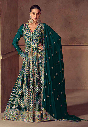 Embroidered Chinon Chiffon Abaya Style Suit in Teal Green
