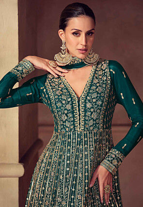 Embroidered Chinon Chiffon Abaya Style Suit in Teal Green