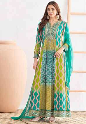 Embroidered Chinon Chiffon Abaya Style Suit in Turquoise and Green