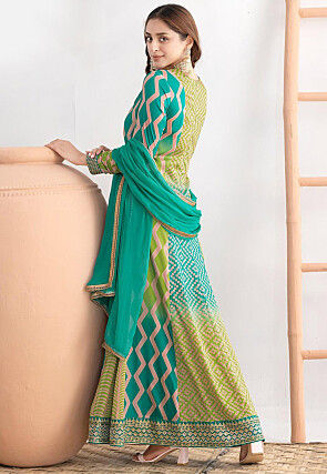 Embroidered Chinon Chiffon Abaya Style Suit in Turquoise and Green