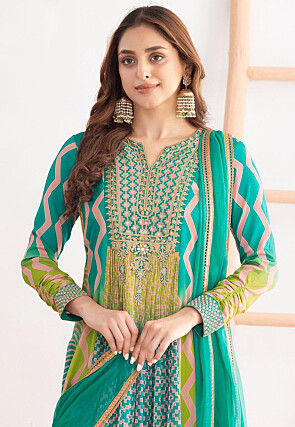 Embroidered Chinon Chiffon Abaya Style Suit in Turquoise and Green