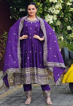 Embroidered Chinon Chiffon Anarkali Suit in Purple