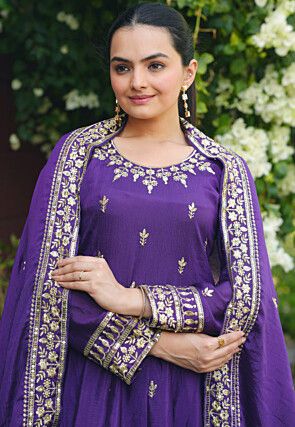Embroidered Chinon Chiffon Anarkali Suit in Purple