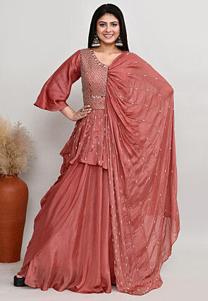 Embroidered Chinon Chiffon Asymmetric Tunic Set in Old Rose