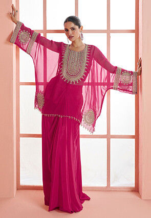 Embroidered Chinon Chiffon Co Ord Set in Fuchsia
