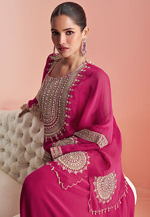 Embroidered Chinon Chiffon Co Ord Set in Fuchsia