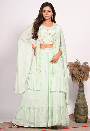 Embroidered Chinon Chiffon Crop Top Set in Baby Pink