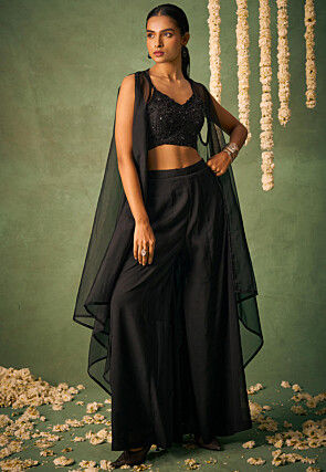 Embroidered Chinon Chiffon Crop Top Set in Black